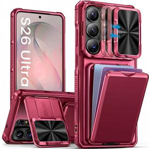 SSLOTSCASE for Samsung Galaxy S26 Ultra Case with Card Holder & Kickstand & Slide Camera Lens Cover & Camera Stand & Wallet, Military-Grade Drop Protection Phone Case Cover for S26 Ultra 2026, Pink 