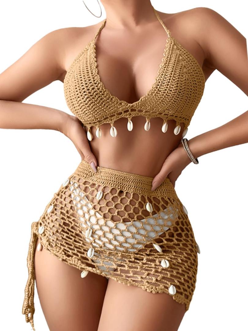 EHSUYAB Womens Sexy Two Piece Cover Up Skirt Set, Backless Shell Boho Crochet Swimsuit Coverup, Summer Beach Vacation Outfits (Beige, L)