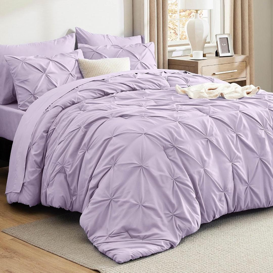 Bedsure King Size Comforter Set Light Purple - Bed in a Bag Bedding Set 7 Pieces, GentleSoft Pintuck Bed Set Gift for Family, Pinch Pleat Light Purple Comforter with Sheets, Pillowcases & Shams