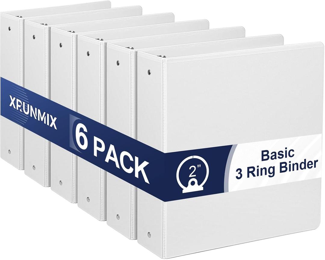 2-Inch 3-Ring Binder with Pockets, 2 Premium View Binders with Three Ring Binders Holds up to 450 Sheets US Letter Size, Bulk Pack of 6, Perfect for Home, Office, and School(XY014-WH) White