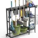 Rolling Cleaning Cart with Wheels, Mop and Broom Holder Organizer, Heavy Duty Utility Cleaning Supply Rack with Storage Shelves & Hooks for Garage, Laundry Room, Kitchen