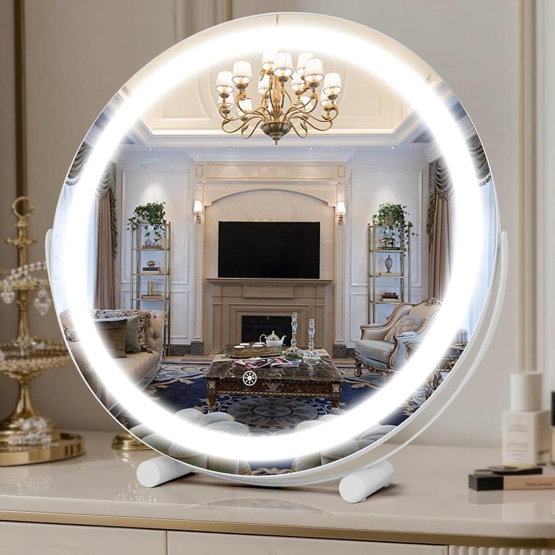 Vanity Mirror with Lights, 18" LED Makeup Mirror, HD Professional Mirror, Smart Touch with 3-Color Lighting, Dimmable, 360 Rotation, Lighted Up for Makeup Desk, Bedroom (White)