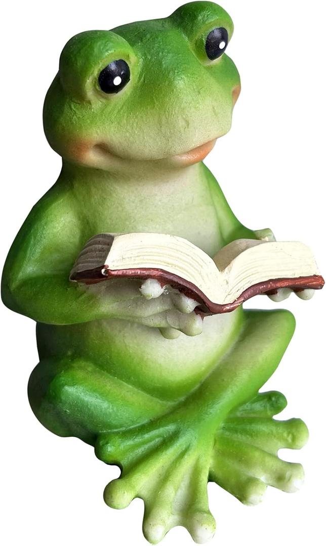 KiaoTime Green Resin Frog Statue Reading Book Outdoor Contemporary Animal Sculpture Decoration
