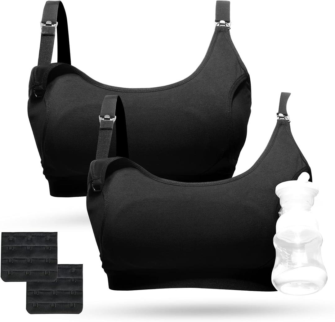Momcozy Pumping Bra, Pumping Bra Hands Free All Day Wear Pumping & Nursing Bra in One Holding Breast Pump for Spectra, Medela (Large, Black-2pk)