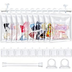 10 Pack Clear Doll Clothes Storage Bags with Hanging Rod & Hooks, Compatible with Labubu Clothes and 4-8 inch Doll Clothes - PVC Transparent Organizer Set for Dolls, Space-Saving Wardrobe System