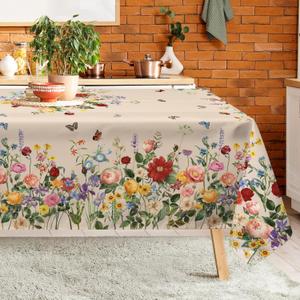 Vintage Floral Table Cloth Rectangle Machine Washable Flower Tablecloth, 84 * 60 inch, Polyester Spring Table Cover for Kitchen Dinner Party Outdoor Decor