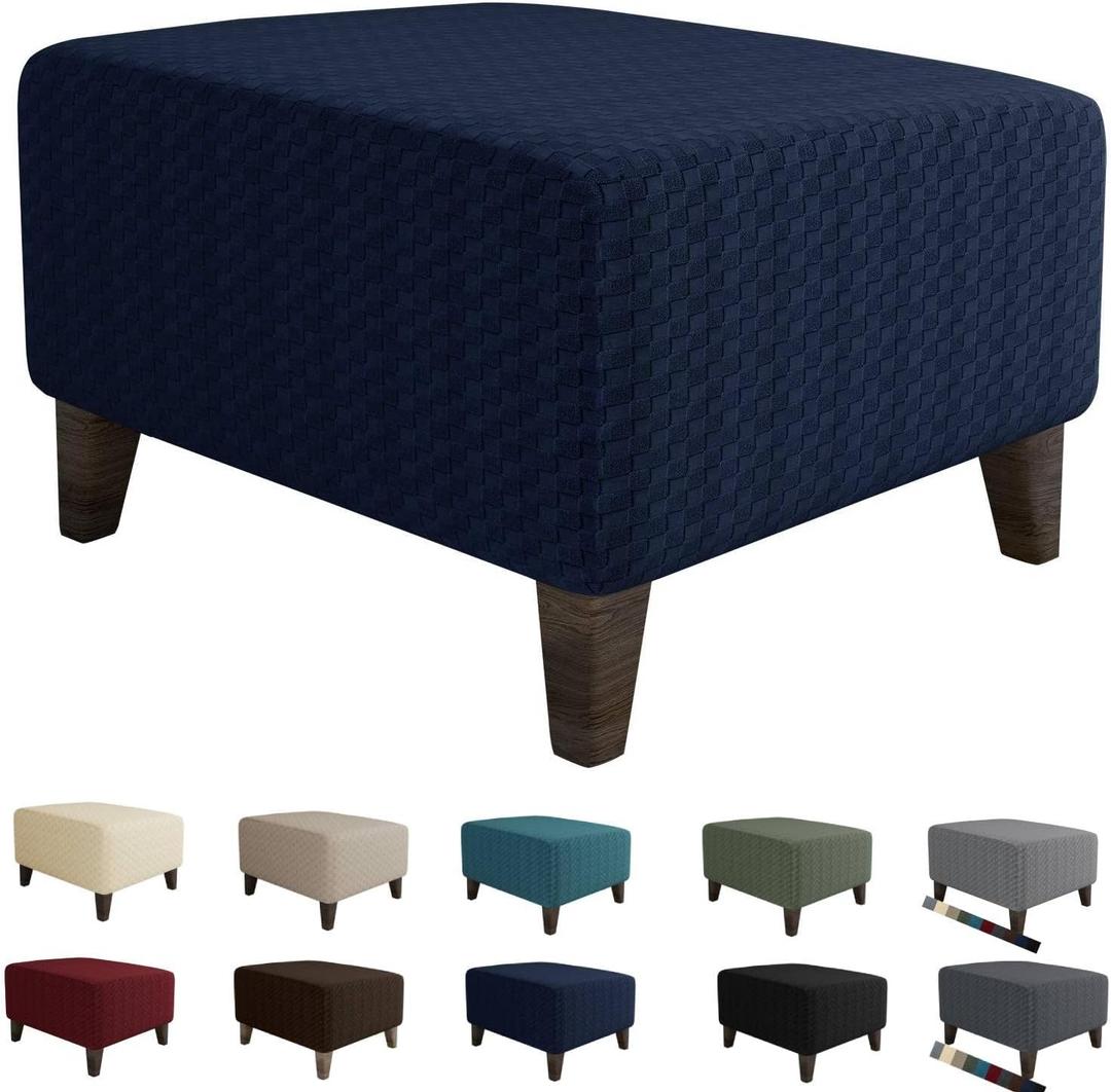 MAXIJIN Jacquard Ottoman Cover Slipcovers Folding Storage Stool Furniture Protector Cover Soft Thick Rectangle Foot Rest Slipcover with Elastic Bottom (Ottoman Large, Navy Blue)