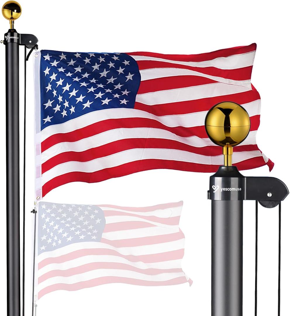 Yescom Bravery 20ft Sectional Flag Pole Kit Aluminum Flagpole Set for Outside House Inground Yard Garden Residential Commercial with 3'x5' USA Flag Ball Top Halyard Flag-Raising Rope Sleeve Black