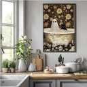 Halloween Canvas Wall Art Spooky Vintage Bathtub Scene with Black Cat Ghost Paper Cut Floral Wallpaper Poster Print for Living Room Bedroom Office Decoration (8x12in Black Framed, A01)