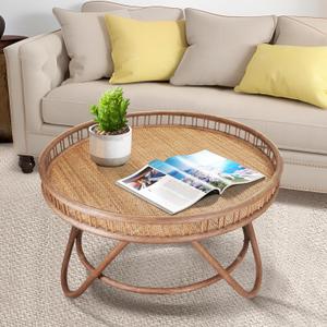 FINECASA Boho Rattan Coffee Table Round, Handwoven Modern Style Round Wicker Coffee Table for Living Room,32x18 '' Brown (Center)