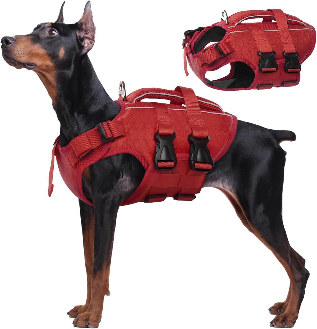 Kuoser Dog Life Jacket High Flotation, Reflective Dogs Life Vest for Swimming Boating, Adjustable Small Medium Large Dog lifejacket, Lightweight Dogs Life Preserver Rescue Handle Spring Summer Pool (Large (Chest Girth:22.8-29.5''), Red)