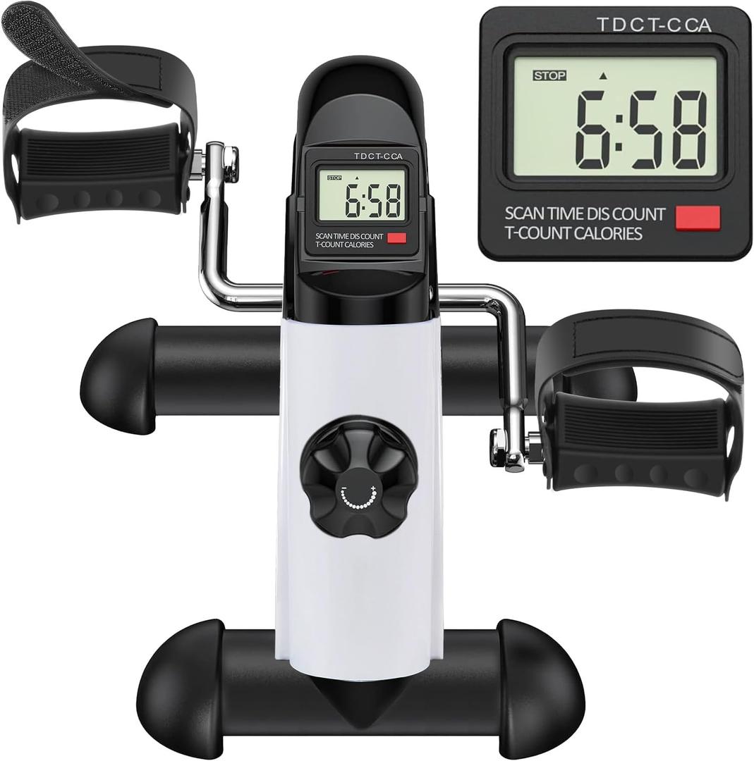 Under Desk Bike Pedal Exerciser, Portable Mini Exercise Bike with LCD Display for Home/Office, Desk Cycle for Leg/Arm with Handle, Leg Exerciser While Sitting for Seniors (White)