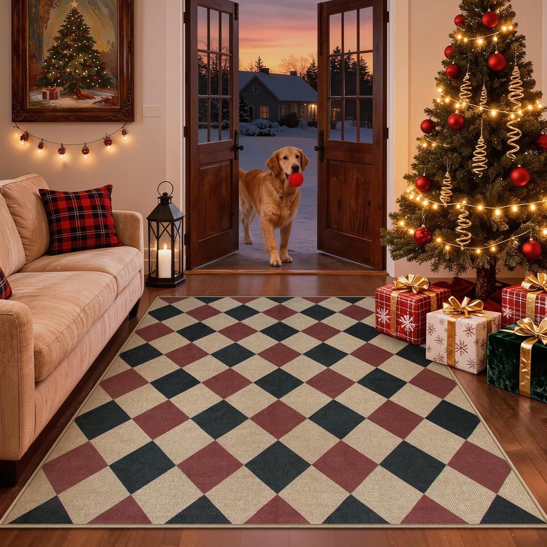 Lahome Christmas Rug, 5x7 Christmas Decor Rugs for Living Dining Room Non Shedding Washable Carpet, Checkered Black and Red Non Slip Stain Resistant Indoor Carpet for Patio Office Xmas Holiday Decor