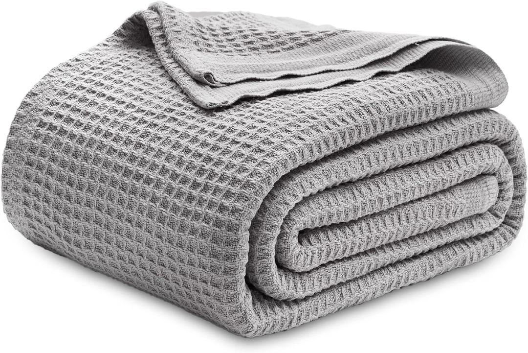 Bedsure Gentlesoft 100% Cotton Blanket Queen Size for Bed - Breathable and Soft for Spring Summer, Thick Cozy Waffle Weave Blanket Gifts for Women, Grey, 90x90 Inches