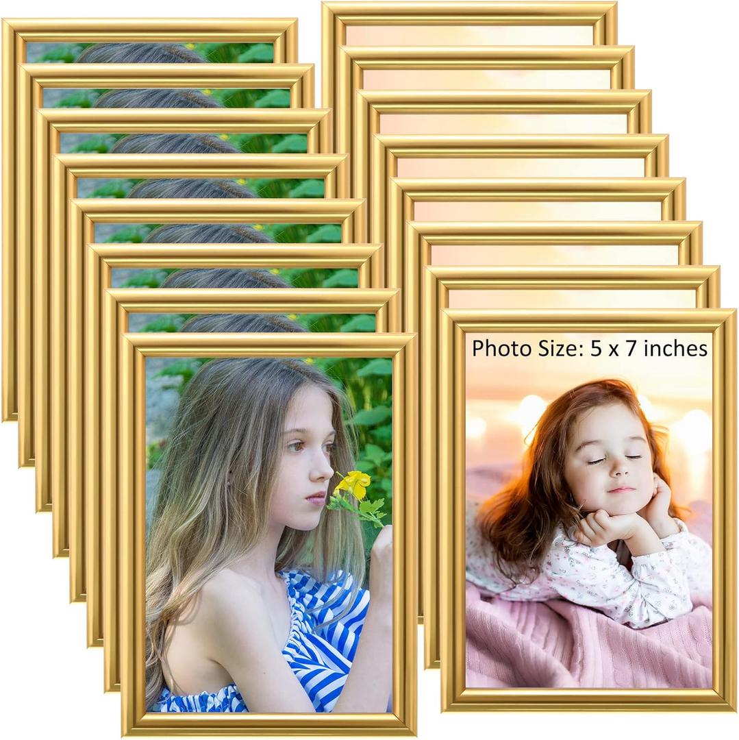 Kathfly 5 x 7 Picture Frames Sets of 16 Simple Designed Photo Modern Gold Frames for Pictures with Resin Glass for Wall Mount Tabletop Display Home Office Hotel Decoration(Gold)