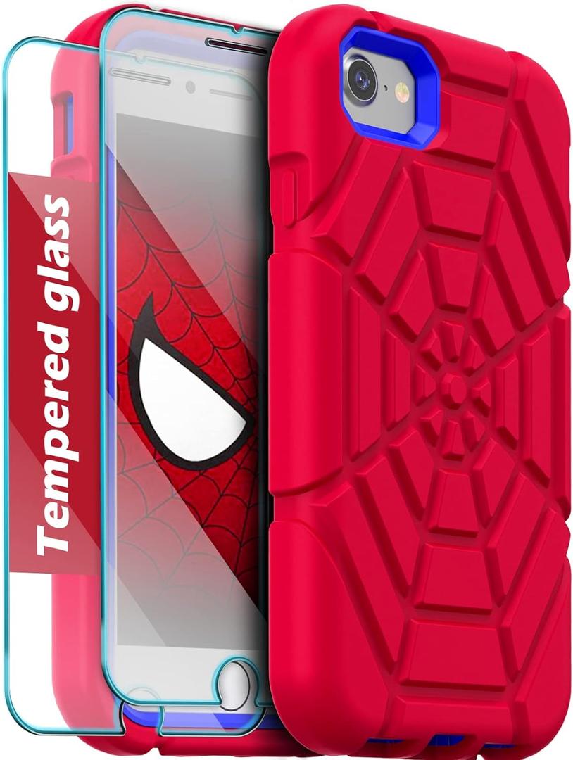 Grifobes for iPhone SE 2022/2020 Case, for iPhone 8/7 / 6 / 6S with [2Pack] Tempered Glass Screen Protector, Heavy Duty Shockproof Protective iPhone SE 3rd/2nd Generation Cover 4.7" for Kids Boys (#01 Red & Blue)