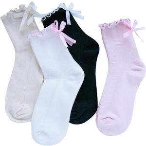 Womens Bow Socks Ruffle Casual Crew Black Whitte Soft Breathable Cotton 4 Pairs Socks (One Size)