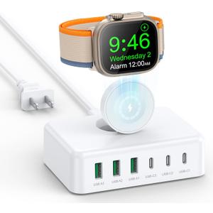 125W USB C Fast Charger Charging Station Block for Apple Watch Charger, USB C 6 Port PD GaN Fast Charger Hub Power Adapter for iPad iPhone 17 16 15 14 13 Apple Watch 10 9 8 7 6 5 Galaxy S23 Note 20