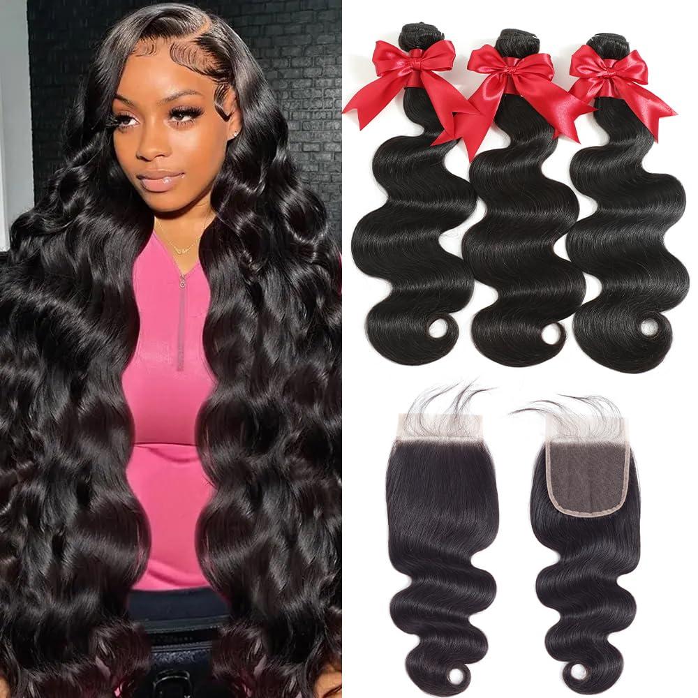 12A Human Hair Bundles with Closure 16 18 20 with 14 Inch Brazilian Body Wave 3 Bundles Human Hair with 4x4 HD Lace Closure 100% Unprocessed Virgin Human Hair Weave
