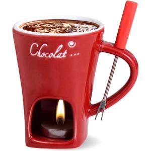 AMZWISH Mini Sweet Fondue Cup, Ceramic Coffee Warmer Mug, Portable Chocolate Melting Cup with Fork for Cheese, Great for Adult/Kids for Camping/Date/Movie Night/Birthday/Wedding Gifts (Red)