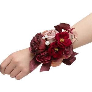 Ling's moment 6pcs Wedding Wrist Corsage Artificial Flowers, Girl/Mother Homecoming Prom Corsages Wristlet Decor,  Burgundy Dusty Rose