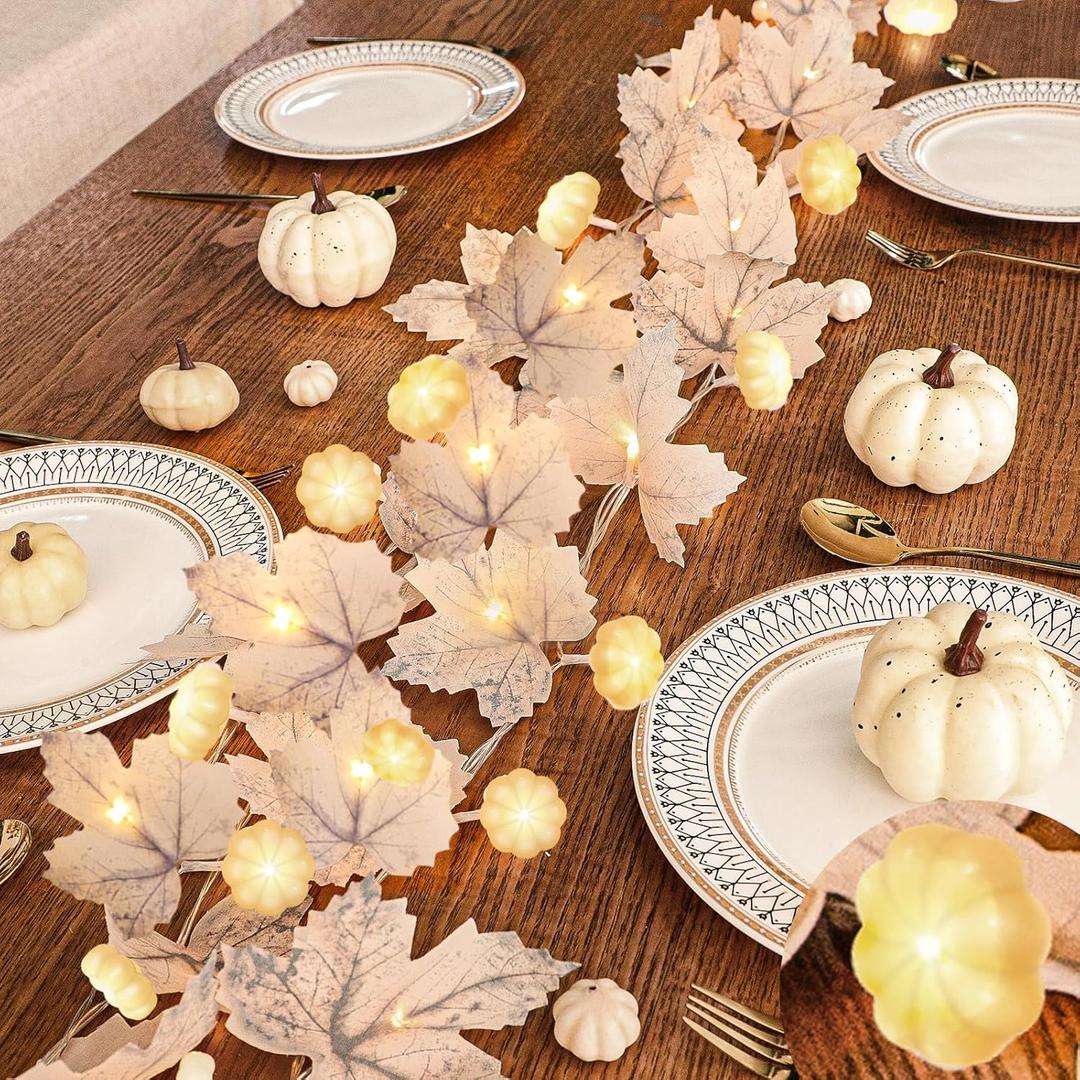 3D Pumpkin Lights & 60 LED, 2 Pack Thanksgiving Garland Fall Decor, Total 20Ft Maples Leaf Garland Fall Lights Thanksgiving Decorations for Home Indoor Outdoor Mantle Fireplace Porch Table Decor