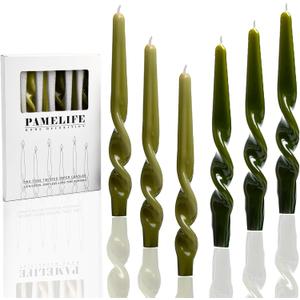 Olive Green Dark Green Christmas Spiral Taper Candles - Set of 6 Twisted Candlesticks 9.5 Inch Tall for Home Decoration Holiday Wedding Party
