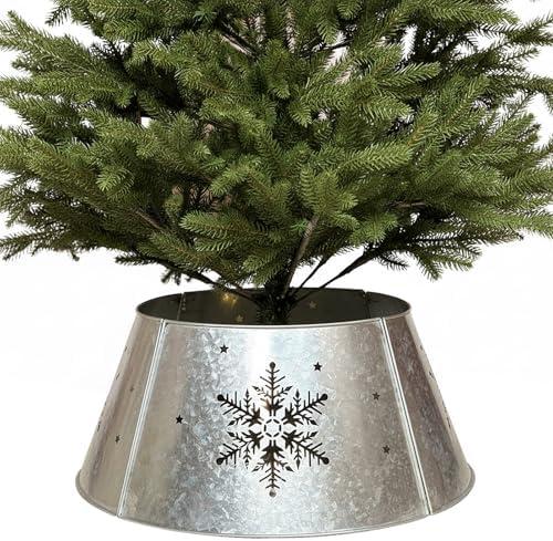 WKHOMEDECO 15.5" Galvanized Christmas Tree Collar, Snowflake Diecut Metal Christmas Tree Collars for Artificial Trees, Beautiful Tree Collar for Pencil Tree Decorates Your Home for The Holidays