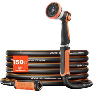 VEVOR Garden Hose, 150 ft 5/8" Heavy Duty Rubber Water Hose with 10 Mode Nozzle, 150PSI Working & 600PSI Burst, Flexible & Non-kink Outdoor Waterhose with 3/4" Fitting, Lightweight Hoses for Gardening