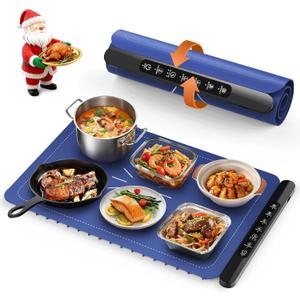 Warming Mat for Food, Silicone Electric Warming Tray with 4 Adjustable Temps & Timer, Food Warming Mat for Countertop, Foldable Portable Food Warmer Mat for Buffets, Parties, Kitchen, Family (Blue)