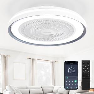 XuanDe 20" Ceiling Fans with Lights and Remote, Flush Mount Low Profile Ceiling Fan with Light, Dimming Bladeless Ceiling Fan for Bedroom, Quiet DC Motor, 6 Wind Speed,3 Colors 3000K-6500K, 2925LM