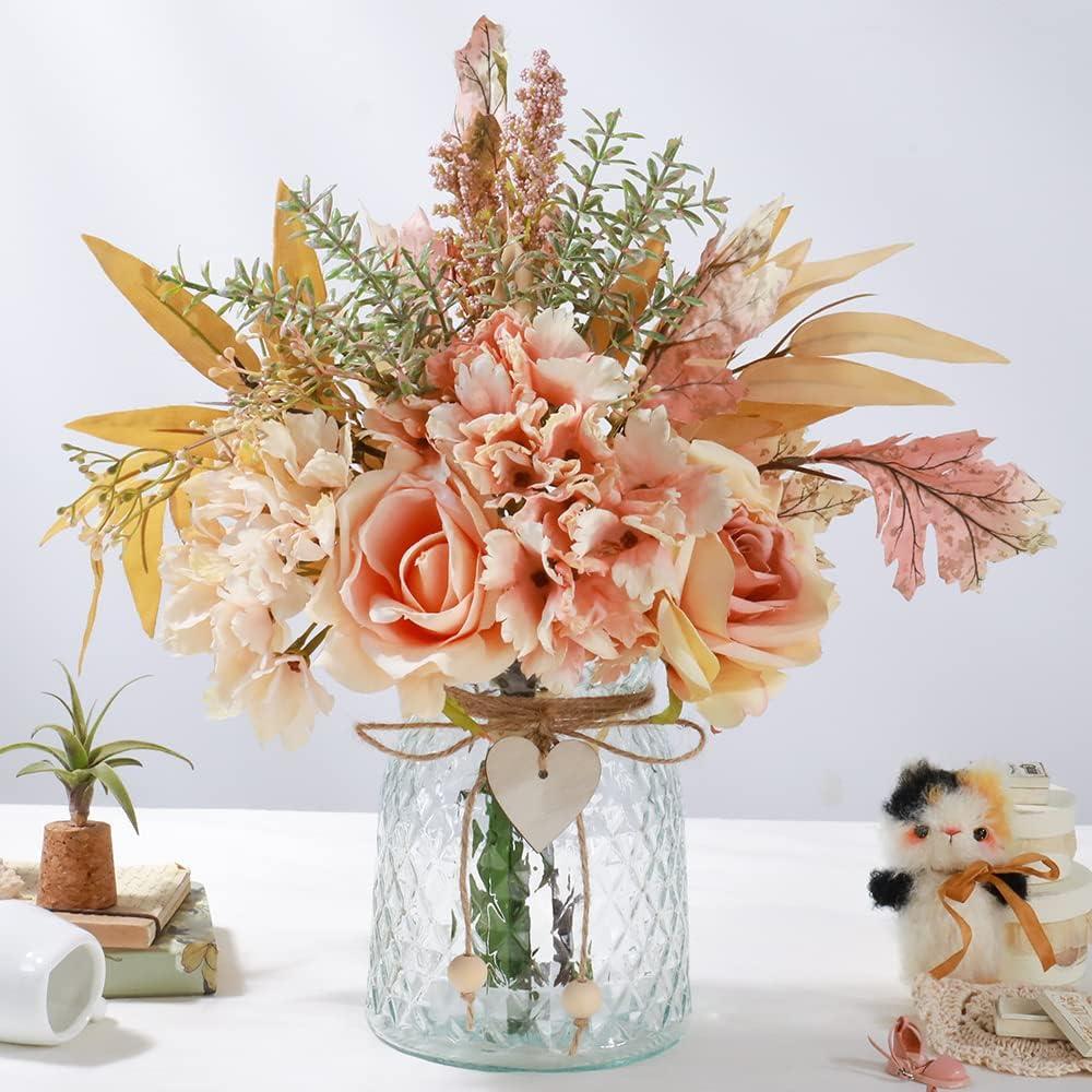 Silk Flowers with Vase, Artificial Flowers Arrangement with Glass Vase Faux Rose for Decoration Table Centerpiece (Hydrangea Rose Pink)