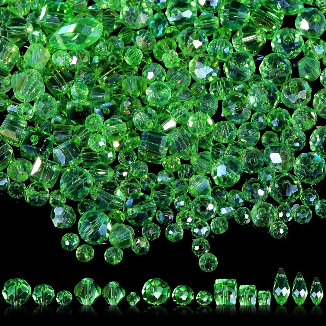Kigeli 1280 Pcs Glass Beads Bulk Assorted Crystal Beads for Jewelry Making Faceted Teardrop Rondelle Briolette for DIY Crafts Necklace Wristband Earring Kit(Classic,Green)