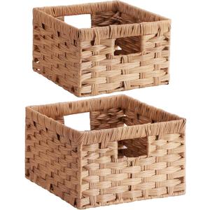 Lifewit Handwoven PP Wicker Storage Basket, Waterproof Imitation Rattan Basket with Built-in Handles, Rectangle Baskets for Organizing Shelves, Pantry, Burlywood, 2-Pack (Large+Medium)