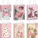 Kolldenn 24 Pcs Pink Vintage Christmas Paper Gift Bags Treat Bags Christmas Party Favor Bags with Handle Santa Claus Candy Goodie Bags for Xmas Holiday Party Decorations Supplies, 6 Designs
