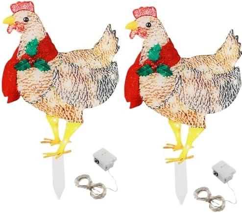 4 PCS Light Up Chicken with Red Scarf Holiday Decoration 16inch Chicken Christmas Decorations Lighted Chicken Pre Lit Xmas Lights for Outside Patio Yard（Not 3D）
