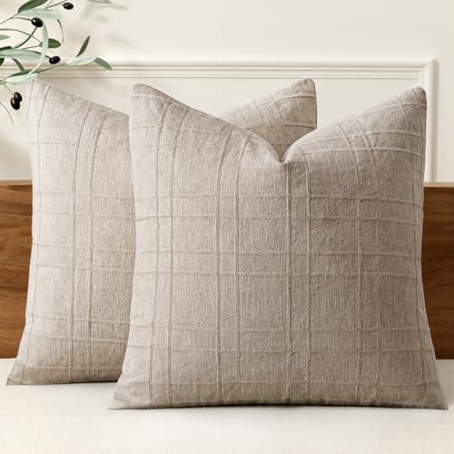 MIULEE Decorative Linen Check Euro Shams Throw Pillow Covers Neutral Farmhouse Vintage Pillow Covers 24x24 Set of 2 Boho Modern Home Decor for Sofa Couch Bedroom Cushion Natural Linen