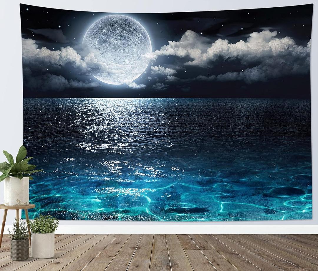 LB Night Sky Ocean Tapestry Full Moon on Sea Tapestry Wall Hanging Fantasy White Cloud Watercolor Wall Art for Bedroom Living Room Dorm Wall Decor, 59Wx51H inches (Blue)