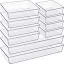 Criusia Drawer Organizer, 5 Pack Large Clear Plastic Kitchen Drawer Organizers Set, 3 Size Versatile Bathroom and Vanity Organizer Trays, Storage Bins for Makeup, Bedroom, Kitchen Utensils (5PACK)
