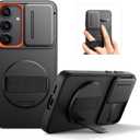 SURITCH for Samsung Galaxy S25 Case with 360 Rotatable Hand Strap Phone Grip & Invisible Kickstand & Slide Camera Cover, Rugged Shockproof Protective Cover for S25 -Black