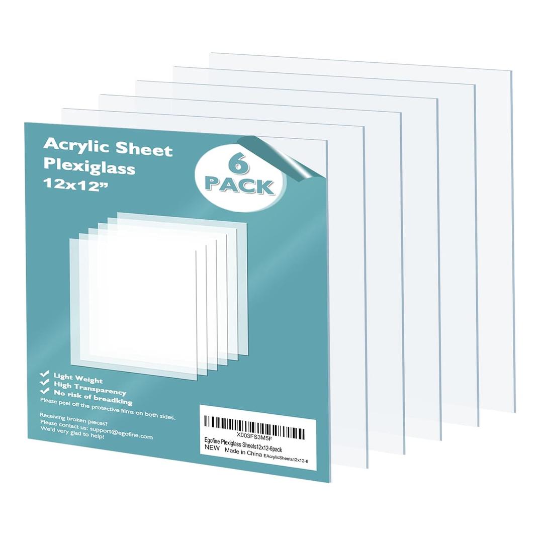 Egofine Plexiglass Sheets Acrylic Sheets 6 Pack of 12x12 0.04 Thick Clear Plastic Cast Transparent Plexi Glass for Crafting Projects, Replacement Picture Frame Glass, DIY Display, Easy to Cut