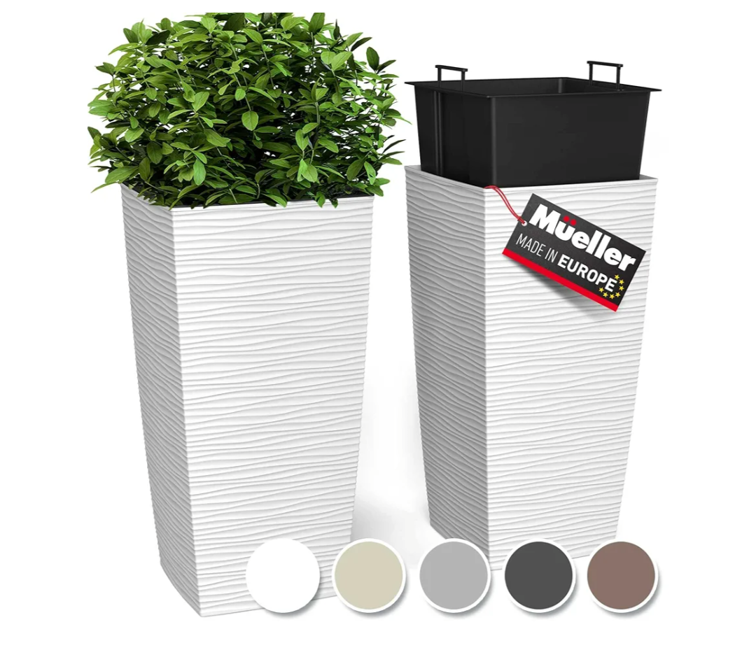 Mueller M-Resin Heavy Duty Tall Planters for Outdoor Plants, Indoor Grande Plant Pots, Boxes, Trees, Flower Pots, 2-Piece Set, 24”, Modern Design, Built-in Drainage, Front Porch Decor, White