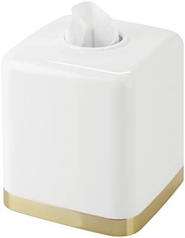 mDesign Plastic Square Disposable Facial Tissue Box Cover for Bathroom Vanity, Countertop, Bedroom Dresser, Night Stand, Office Desk, End Table, Hold Paper Tissues - Hyde Collection - White/Soft Brass