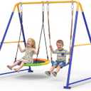 2-in-1 Swing Set for Backyard for Kids, with 1 Saucer Swing, 1 Belt Swing, 440lbs Metal Swing Set for Toddler, Heavy-Duty Swing Stand w/8 Ground Stakes, Outdoor Swingset for Kids Adults (Blue)
