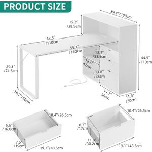 YITAHOME L Shaped Desk with Power Outlets, 55" Computer Desk with Drawers & Bookshelf, Home Office Desk with LED Lights, Corner Desk with File Cabinet, White