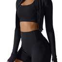 AGYMNX Workout Sets for Women 3 Piece High Waisted Seamless Shorts Crop Top Jacket Gym Yoga Outfit Stretchy Sports Bra Sets Black S