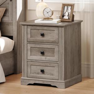 RALGEND Night Stand with 3 Drawers, 18 Inch Wide End Table with Charging Station, Farmhouse Nightstand, Bedside End Tables Living Room, End Tables with Storage for Bedroom, Greige, 17.7"L x 17.7"W x 24"H
