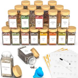 24 Glass Spice Jars with Label, Spice Jar Set with Bamboo Lids 4oz Seasoning Containers Shakers & Spice Labels, Empty Spice Bottles, Kitchen Organization Storage for Cabinet Drawer Decor Essentials