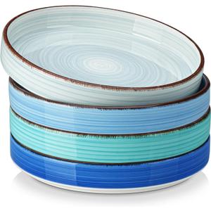 vancasso Bonita Pasta Bowls Set of 4, 32oz Shallow Bowl Plates, Dinner Bowls, Ceramic Pasta Plates, Microwave & Dishwasher Safe Serving Bowls, Bule (Blue)