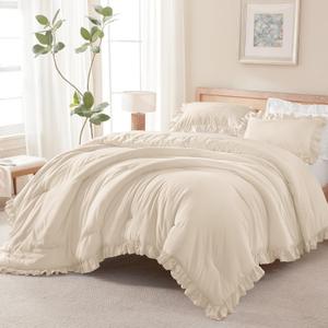 Andency Beige Comforter Set Full Size, 3 Pieces Solid Ruffle Vintage Rustic Soft Bedding Comforter Sets, All Season Lightweight Fluffy Soft Polyester Bedding Set (79x90 Comforter & 2 Pillowcases)
